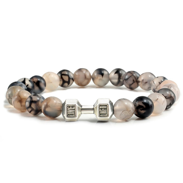 Natural Volcanic Stone Bracelet Men Matte Black Lave White Beads Charm Dumbbell Strand Bracelets
