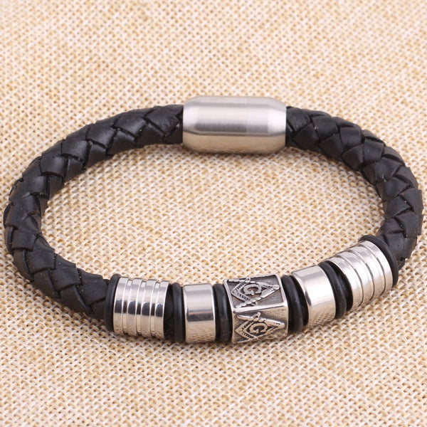 Pulsera de cuero masónica con imán trenzado
