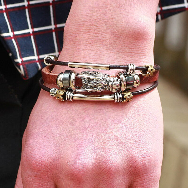 Fashion Charm Jewelry Vintage Tibetan Silver Dragon Head Leather Jewelry Bracelet