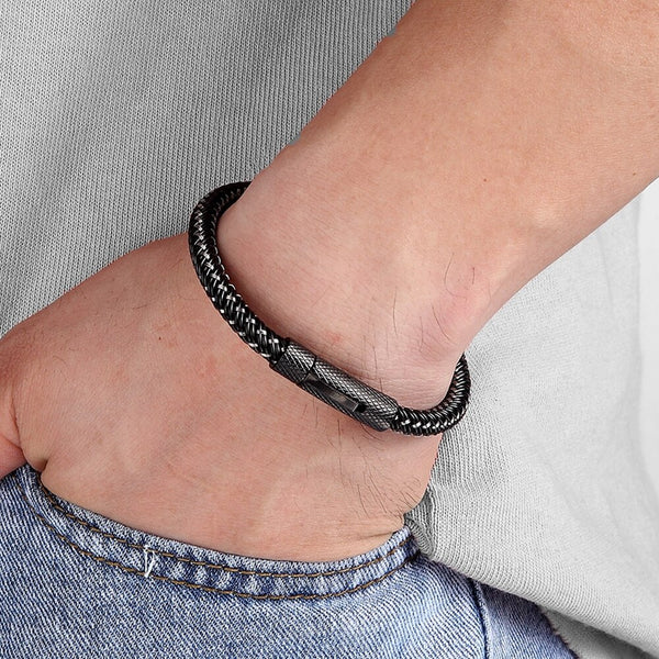 Punk Threaded Button Metal Weaving Bracelet for Men Women