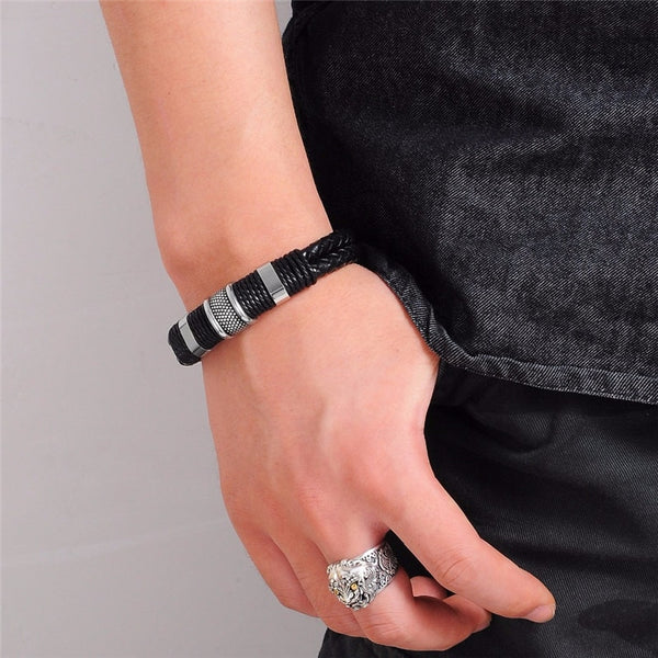 Pulsera trenzada de cuero genuino Pulsera de acero inoxidable y titanio