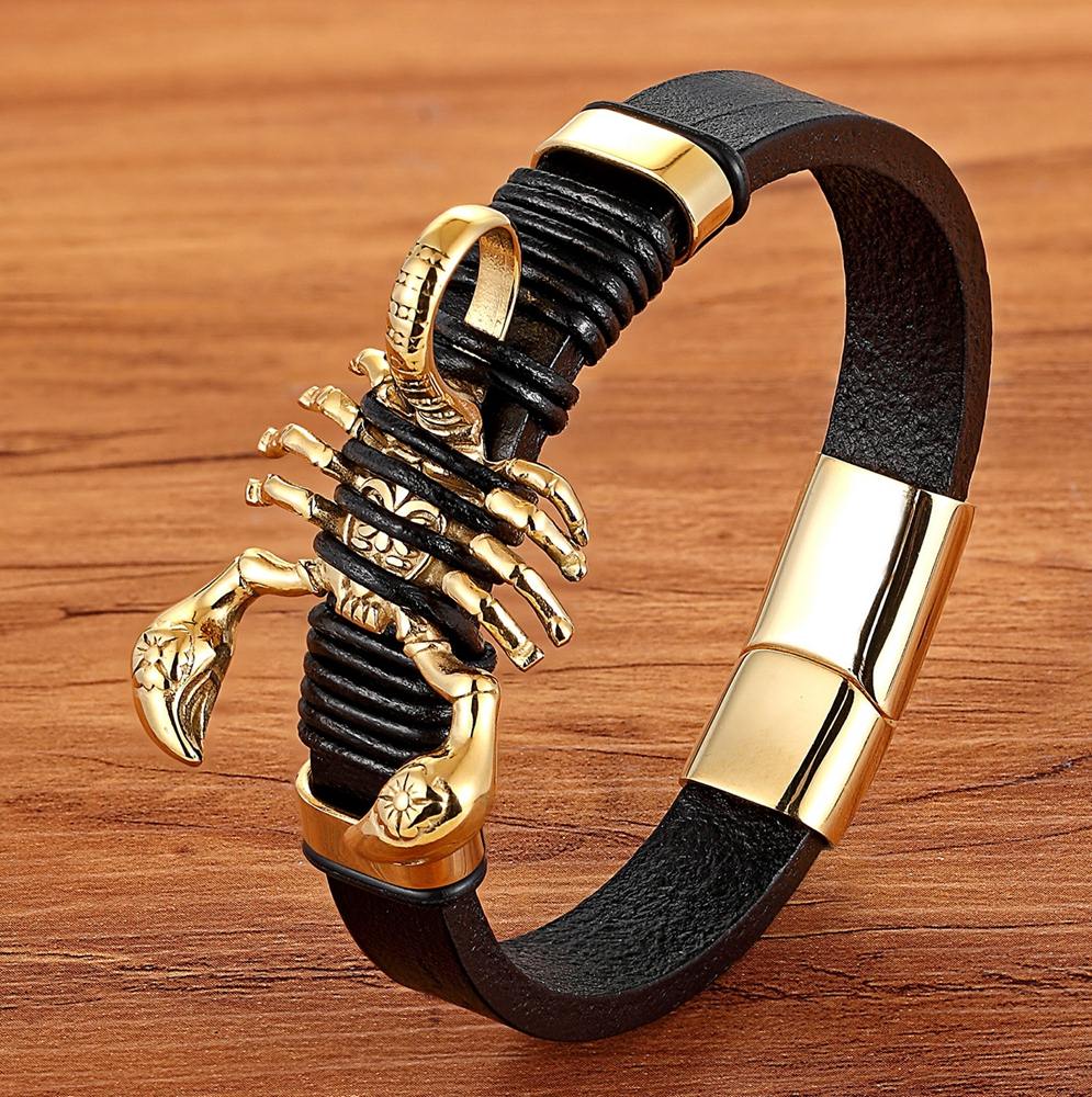 Genuine Leather Bracelet Gold Color Easy Hook Totem/Geometric/Scorpion Pattern