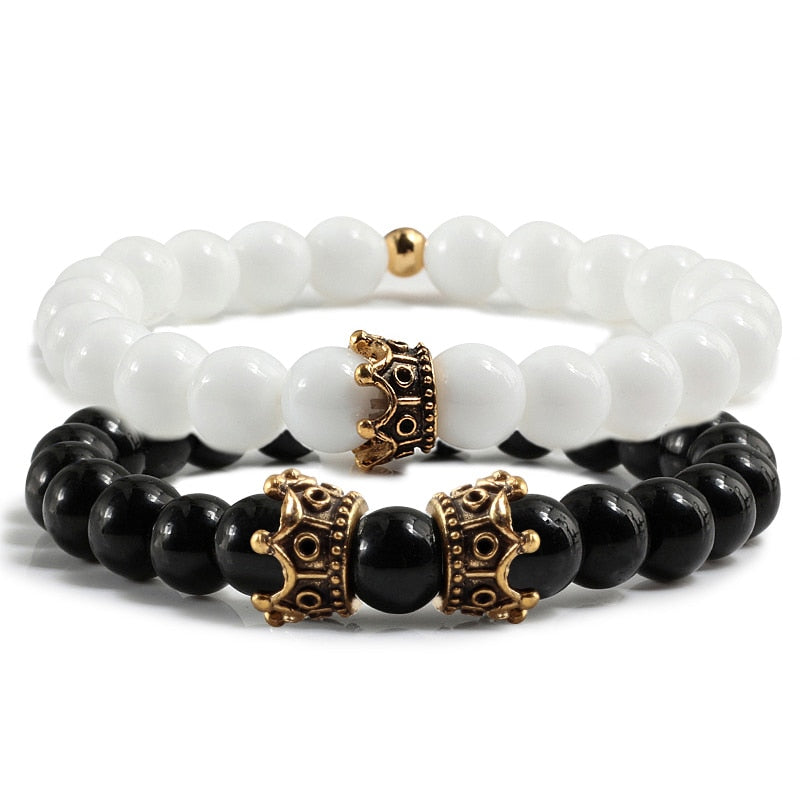 2pcs/set Classic Natural Stone Distance Bracelet Charm Black Lava Men Crown Beaded Bracelets