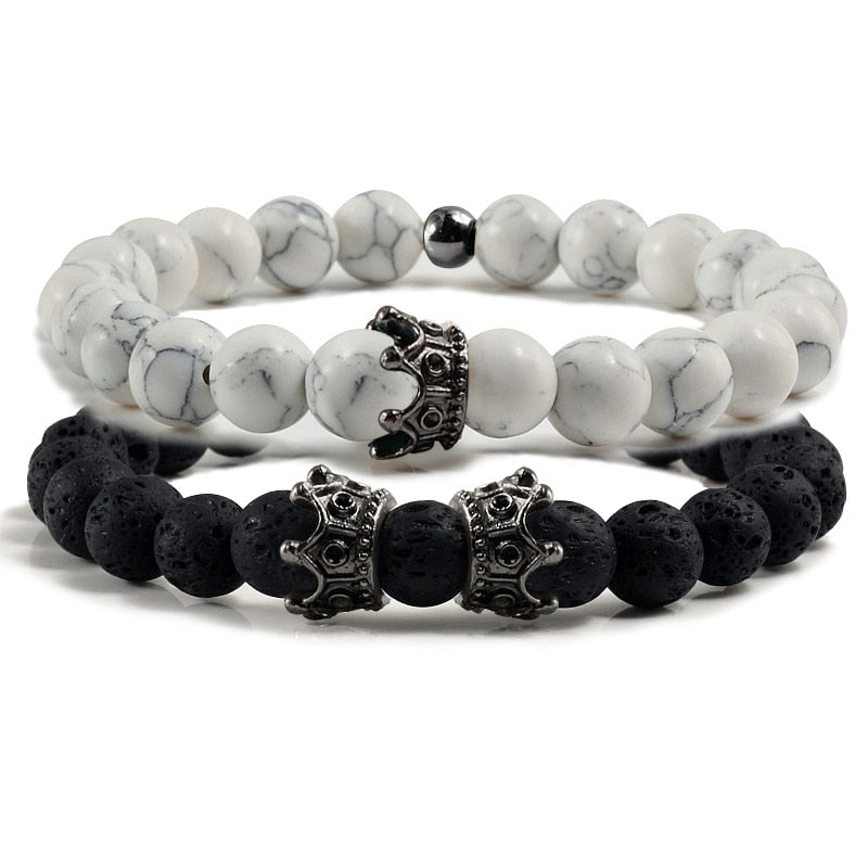 2pcs/set Classic Natural Stone Distance Bracelet Charm Black Lava Men Crown Beaded Bracelets