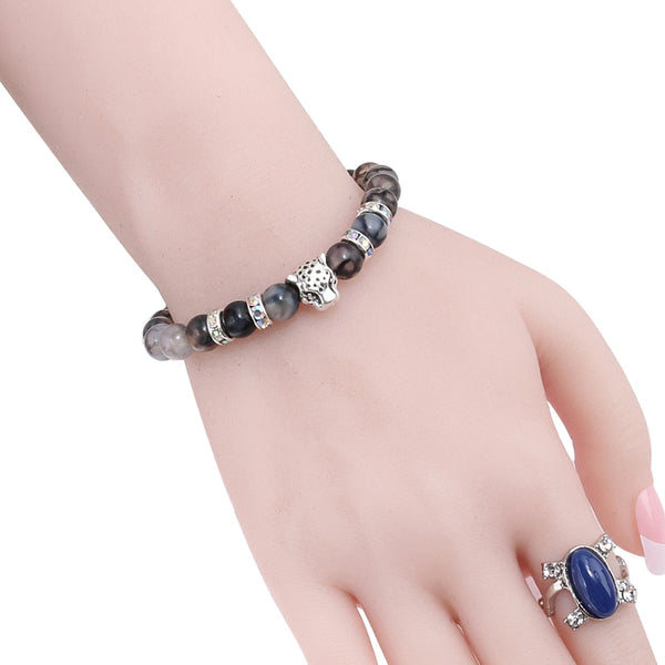 Pulsera de piedra natural para hombre con cuentas de lava negra mate y cabeza de leopardo, pulseras de cristal