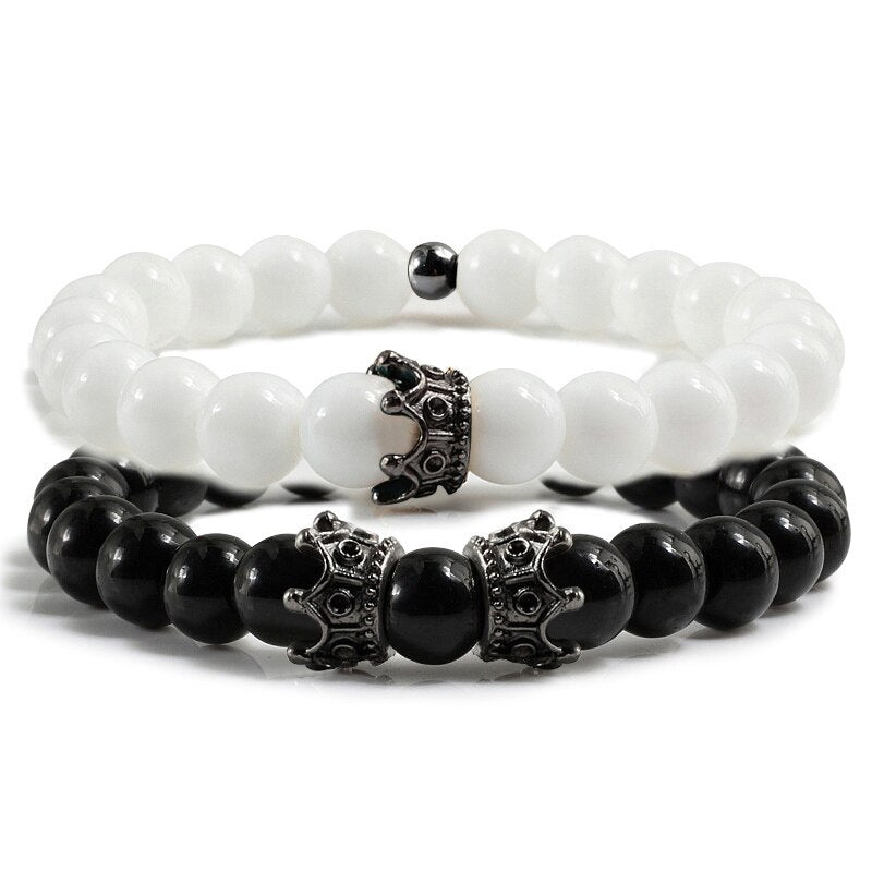 2pcs/set Classic Natural Stone Distance Bracelet Charm Black Lava Men Crown Beaded Bracelets