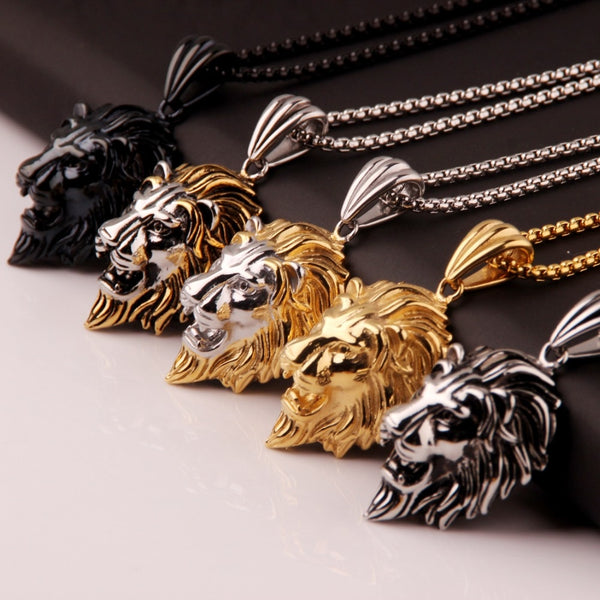 Collar con colgante de cabeza de león en acero inoxidable, moderno, color plata, dorado y negro