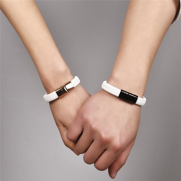 Pulsera trenzada elegante para hombre, pulsera de cuero blanco
