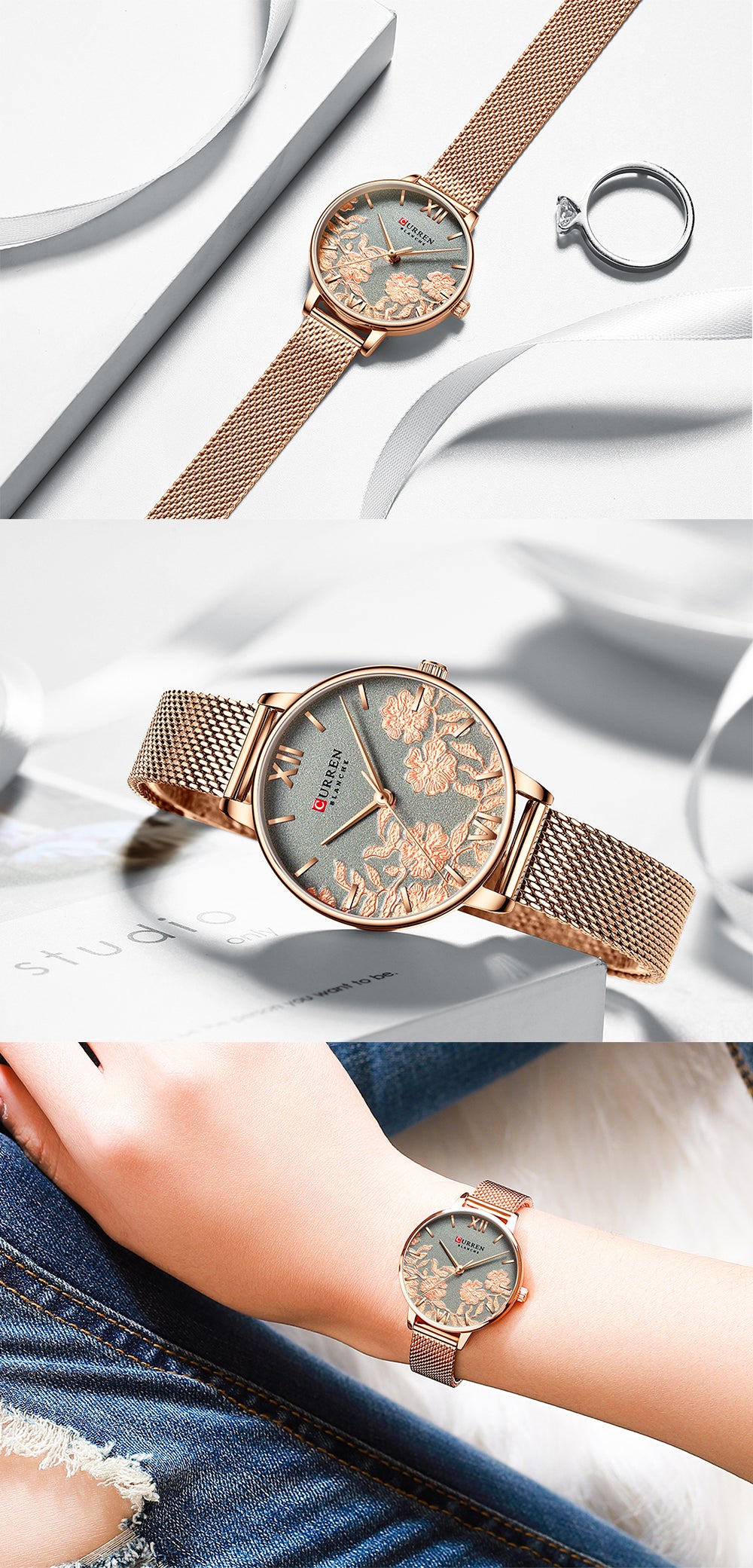 Luxury Stainless Steel Strap Wristwatch for Women Rose Clock Stylish Quartz Ladies Watch