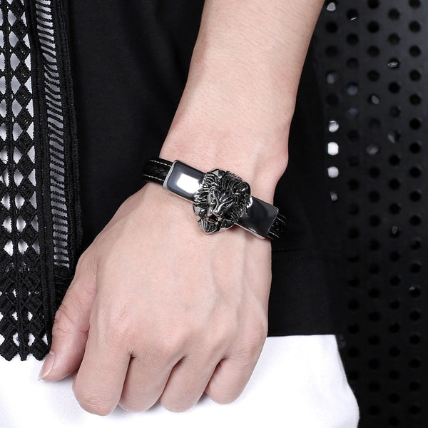 Stainless Steel Charm Magnetic Multi Color Unisex Lion Bracelet Genuine Leather  Braided