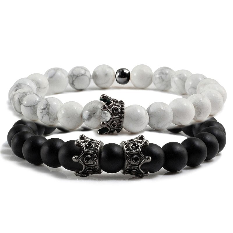 2pcs/set Classic Natural Stone Distance Bracelet Charm Black Lava Men Crown Beaded Bracelets