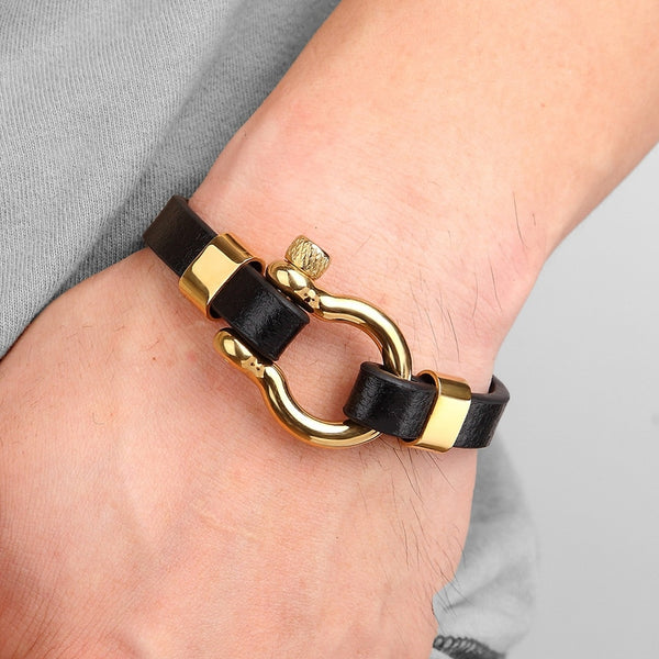 Pulsera de cuero para hombre con cierre de palanca, estilo clásico hip hop rock, con círculos geométricos