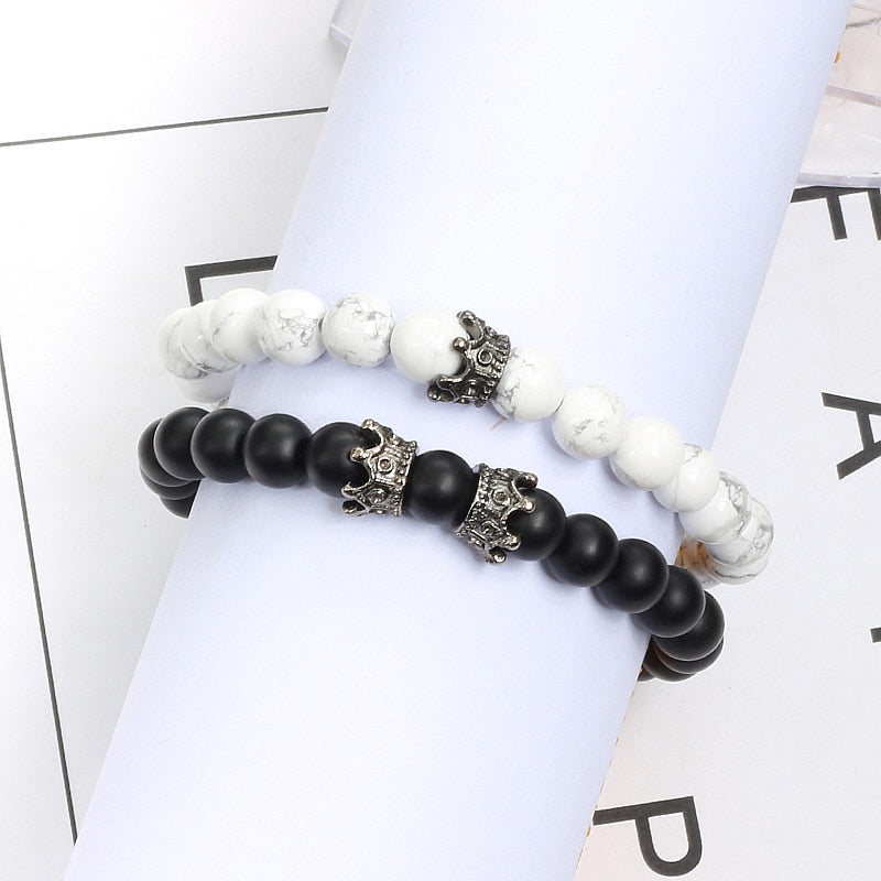 2pcs/set Classic Natural Stone Distance Bracelet Charm Black Lava Men Crown Beaded Bracelets