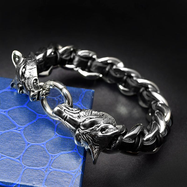 Double Wolf Head Bracelet Men Punk Rock Jewelry 316L Stainless Steel Bracelet