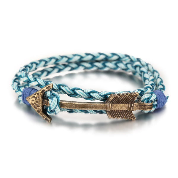 Pulsera de cuero con dijes multicapa y ancla de flecha de bronce vintage para hombre