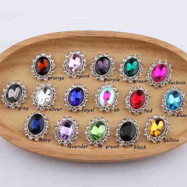 10 botones de 22 x 27 mm para recién nacidos, elegantes, plateados, brillantes, con parte trasera plana, para bodas, con cristales ovalados y diamantes de imitación.