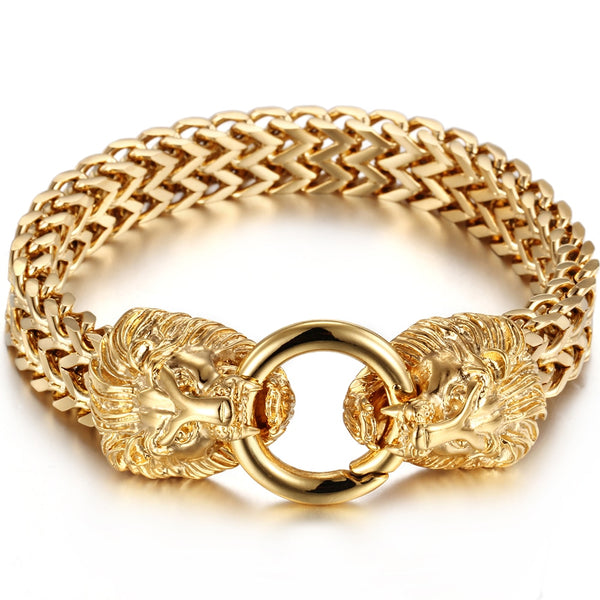 Pulsera de acero inoxidable con cabeza de león y lobo bañada en oro para hombre.