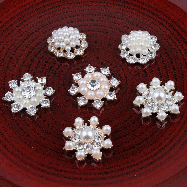 10 botones decorativos de metal vintage hechos a mano con centro de flor de perla de cristal y diamantes de imitación
