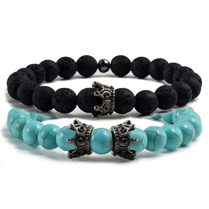 2pcs/set Classic Natural Stone Distance Bracelet Charm Black Lava Men Crown Beaded Bracelets