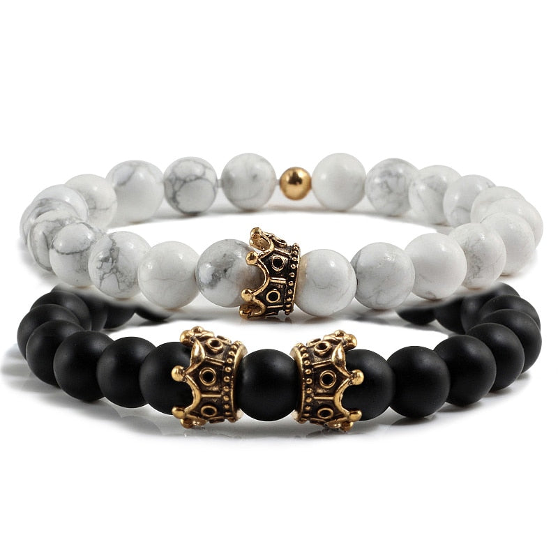 2pcs/set Classic Natural Stone Distance Bracelet Charm Black Lava Men Crown Beaded Bracelets