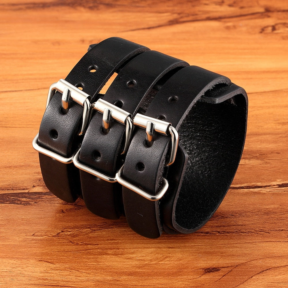 Classic Men Boys Adjustable Genuine Leather Cuff Bracelet