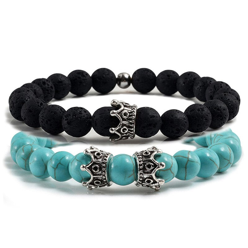 2pcs/set Classic Natural Stone Distance Bracelet Charm Black Lava Men Crown Beaded Bracelets