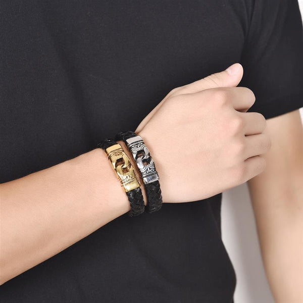 Pulsera de cuero trenzado con dijes de joyería punk para hombre