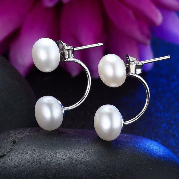 Fine Double Pearl Earrings 100% Genuine Natural Freshwater Pearl Earring