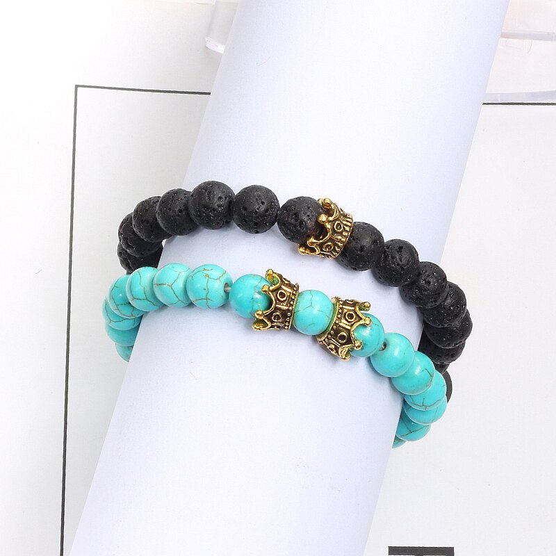 2pcs/set Classic Natural Stone Distance Bracelet Charm Black Lava Men Crown Beaded Bracelets