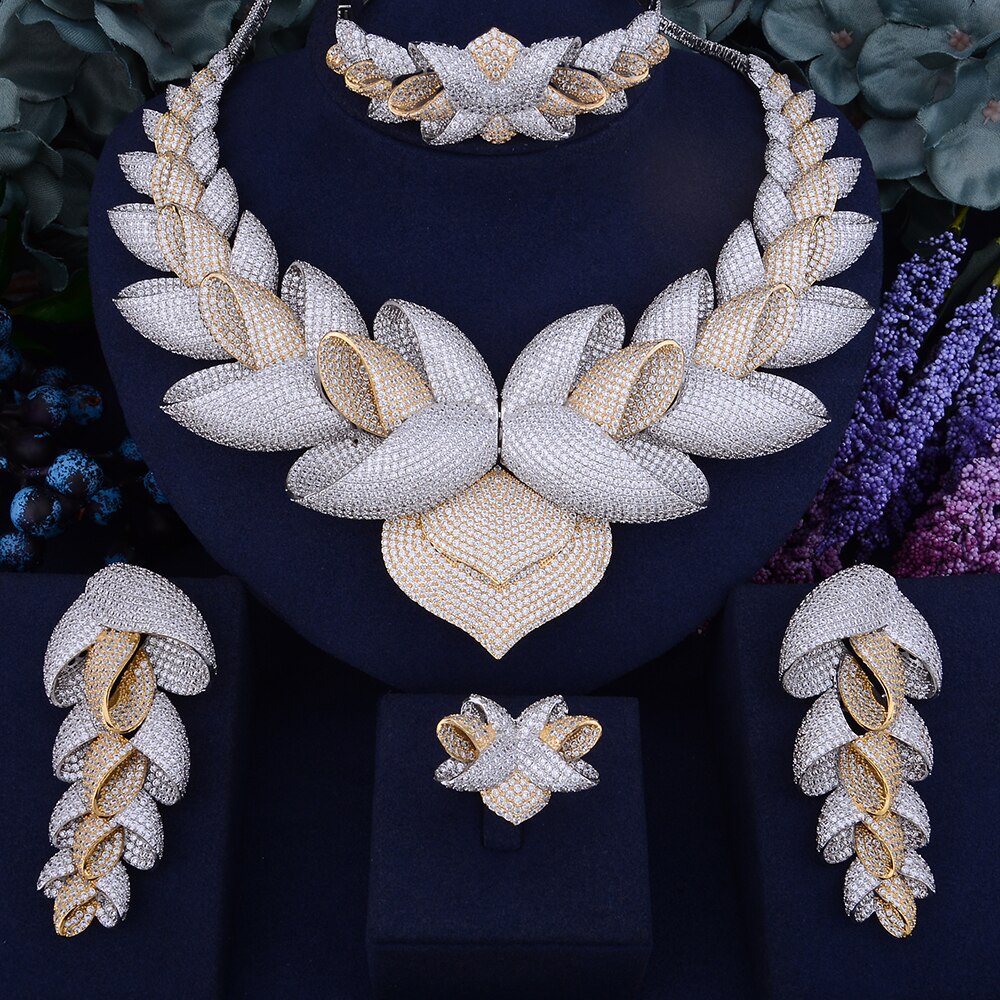 Luxury Lotus Flower Cubic Zirconia African Indian Necklace Earring Set
