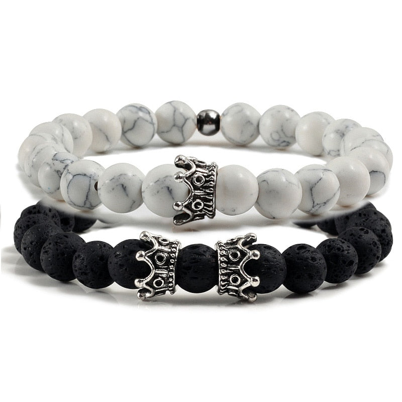 2pcs/set Classic Natural Stone Distance Bracelet Charm Black Lava Men Crown Beaded Bracelets