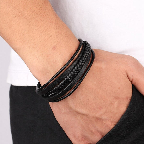 Pulsera de cuero genuino trenzado a mano de múltiples capas con nuevo diseño