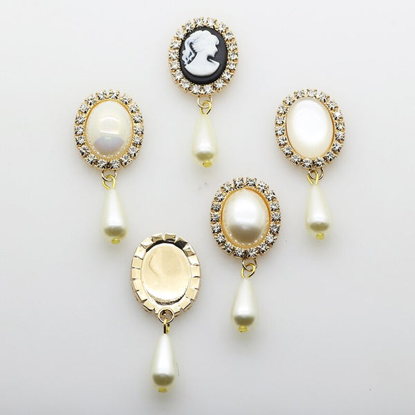 Juego de 10 botones de diamantes de imitación dorados de 20 x 48 mm con perlas para accesorios de bricolaje para bodas.