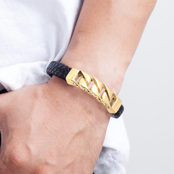 Pulseras para hombre de acero inoxidable con cierre magnético de cuerda de cuero genuino