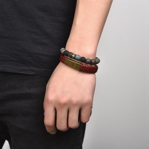 Pulsera de cuero con cierre magnético retro para hombre, pulsera de cadena trenzada