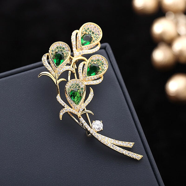 Golden Calla Lily Flower Brooch Green Crystal Women Brooches Pins