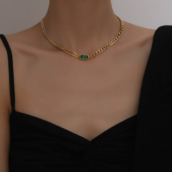 Gargantilla minimalista con dijes de circonita verde y cadena gruesa para el cuello, colgantes para mujer