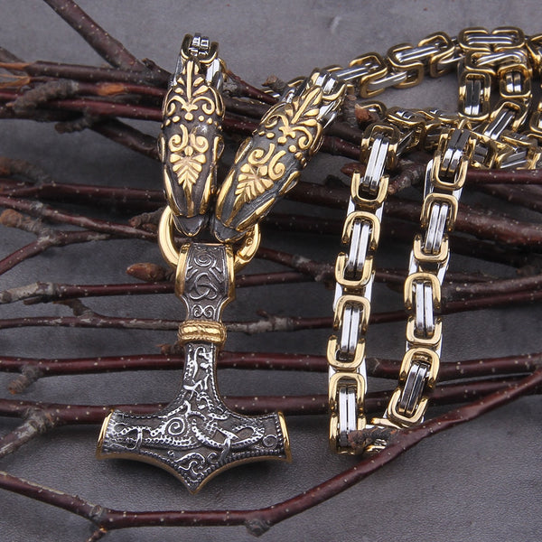 Collar con colgante de martillo de Thor con amuleto vikingo nórdico de cabeza de dragón de acero inoxidable para hombre