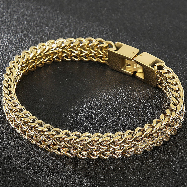 Pulsera de cadena de eslabones Franco de 9/10 mm para hombre, de acero inoxidable chapado en oro.