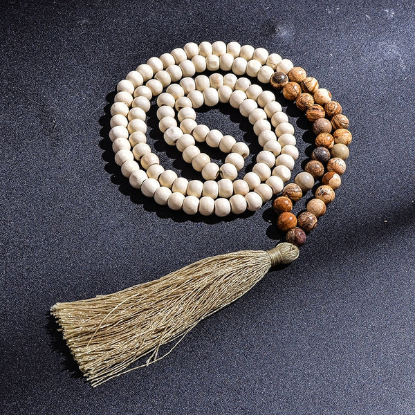 Fashion Bohemian Tassel Yoga Wooden Jewelry Handmade Natural Stone Tassel Necklace for Women