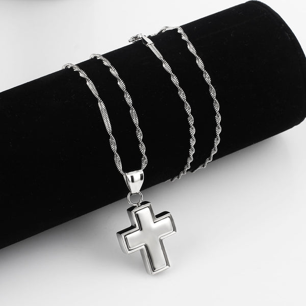 Collar de cadena plana de acero inoxidable con colgante de cruz de color plateado para hombre y mujer.