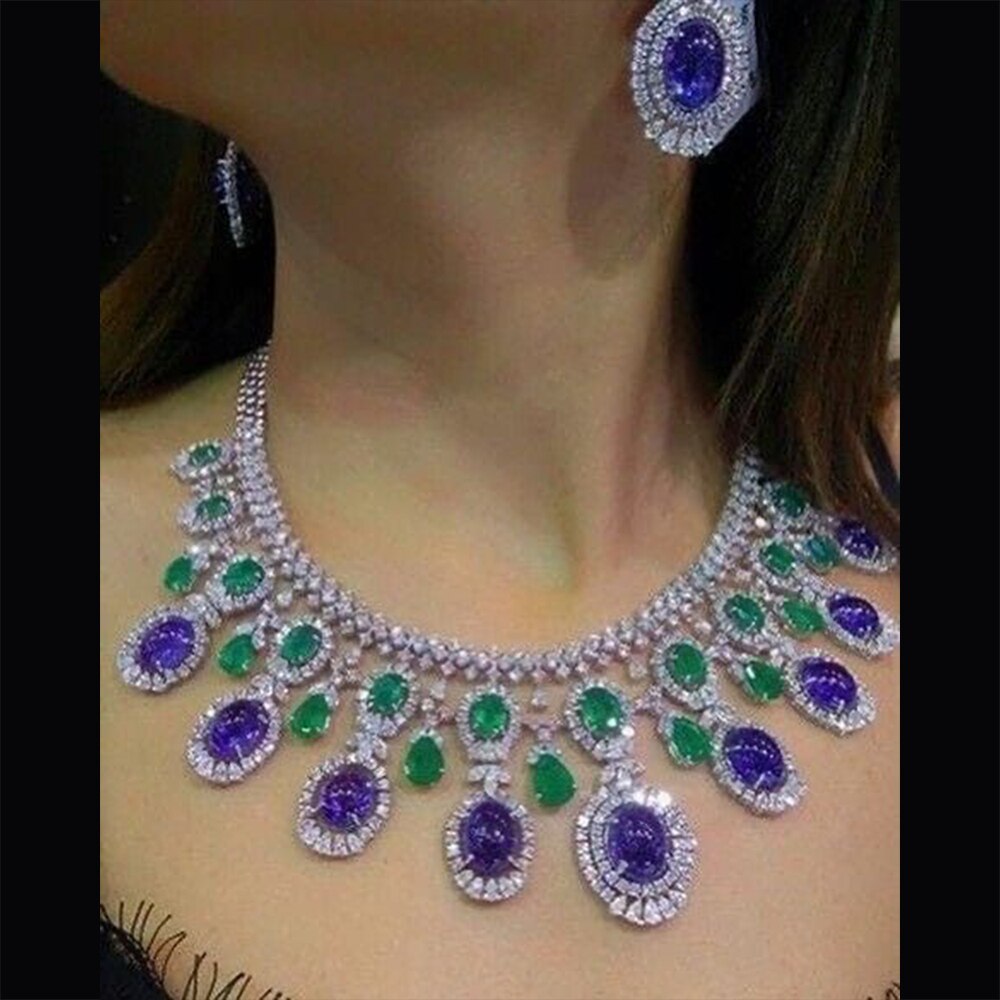 4PCS Luxury Green purple Mixed Big Statement Jewelry set For Women