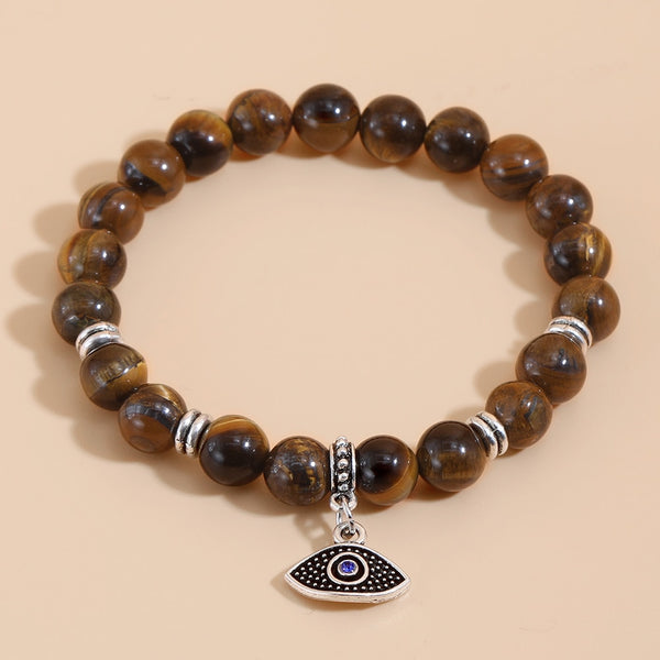Pulsera elástica de cuentas de ojo de tigre amarillo y ojo de pavo