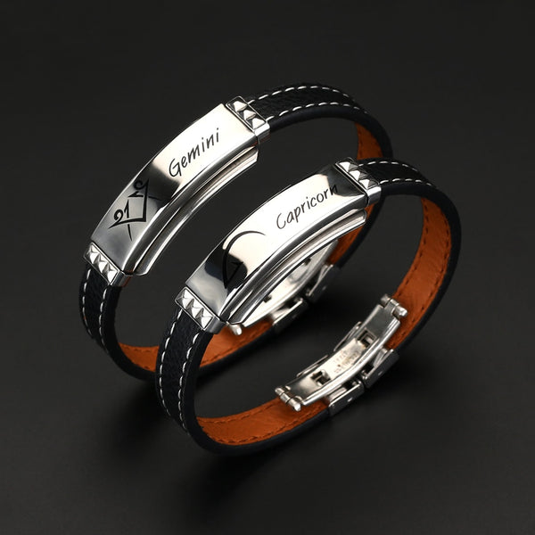 Pulsera de cuero negro estilo punk con las 12 constelaciones (2021)