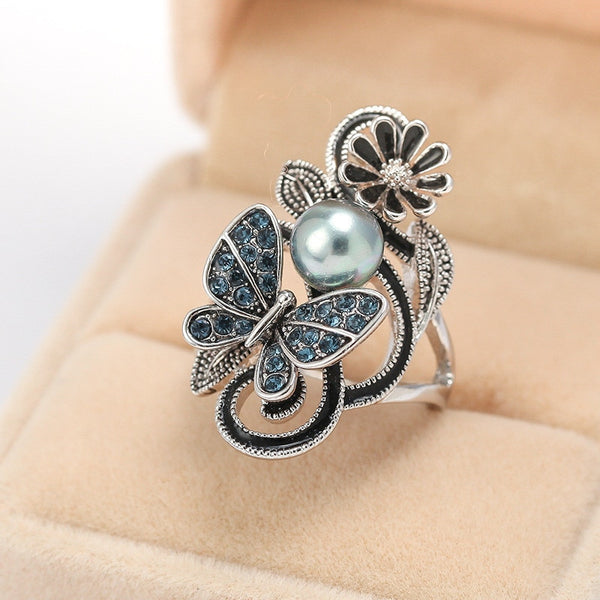 Ink Blue Pearl Butterfly Crystal Women's Ring