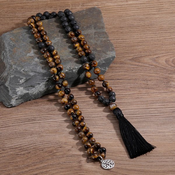 Collar Mala 108 anudado con cuentas de ojo de tigre amarillo natural y piedra de lava negra
