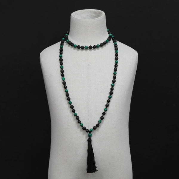 Malachite  Black Onyx &amp; Volcanic Stone 108 Mala Beads Knotted Long Necklace Women
