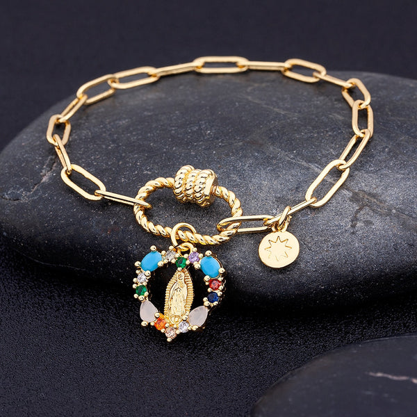 Pulsera con colgante de la Virgen María con cristales de colores y circonitas de cobre de nuevo diseño para mujer