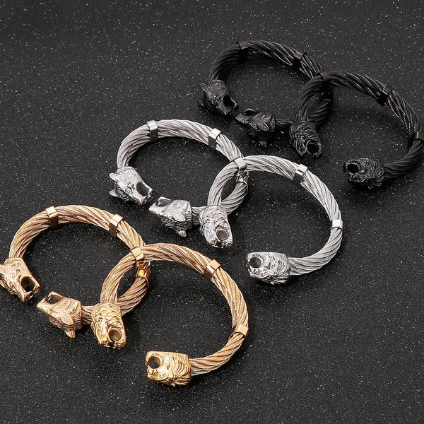 Pulsera abierta de acero inoxidable con diseño gótico de lobo y león, chapada en oro, para hombre.