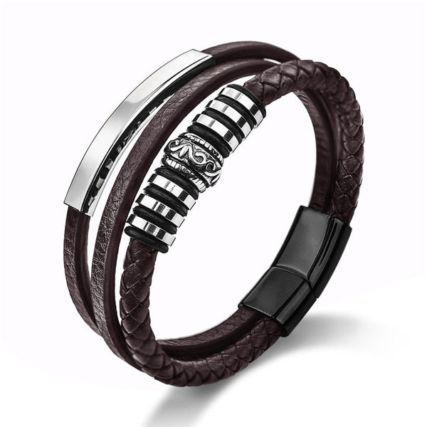 Pulsera de cuero y acero inoxidable con accesorios combinados multicapa, tejida a mano, de nuevo estilo